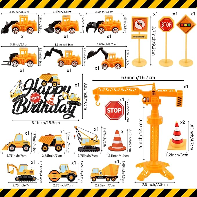 21PCS Construction Cake Toppers Truck Cake Decoration Set Excavator Tractor Tower Crane Cupcake Topper Traffic and Road Sign for Construction Happy Birthday Party Supplies