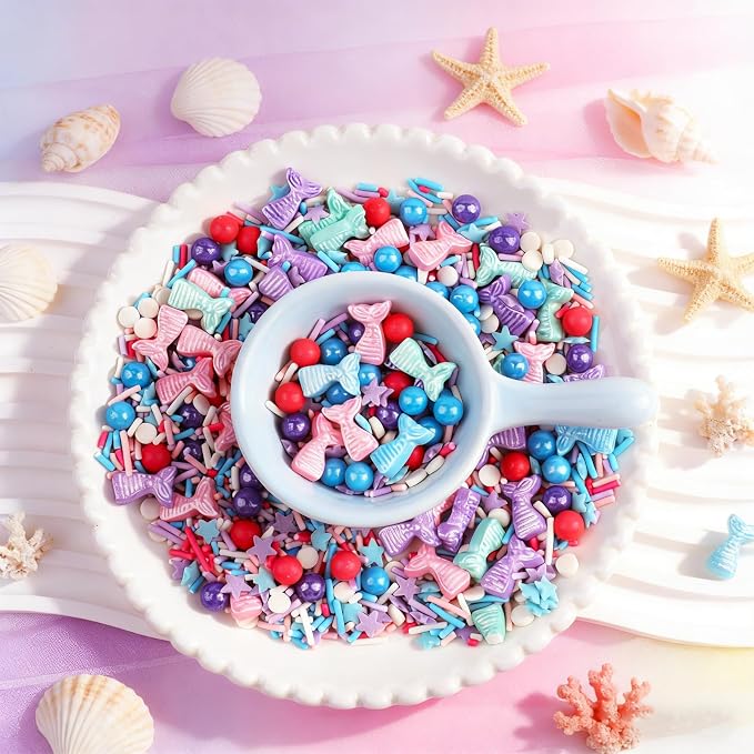 Mermaid Sprinkles, Edible Ocean Sprinkles for Cake Decorating, Mermaid, Jimmies, Star, Confetti & Pearl Sugar Mix for Cupcakes, Ice cream, Cookies and Donuts Toppings