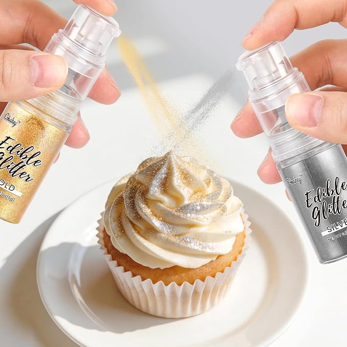 Shimmer Gold & Silver Edible Glitter Spray, Edible Glitter for Cocktails, Cobakey Luster Dust Edible for Cake Decorating, Drinks, Baking, Chocolate, Strawberrie 5g/2 Bottles