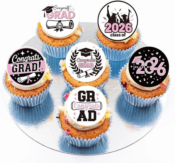 63 PCS Edible 2026 Graduation Cupcake Toppers Diploma Congrats 2026 Grad Cap Class of 2026 Cupcake Picks for Congratulations 2026 Graduations Theme Party Cake Decorations Supplies Pink