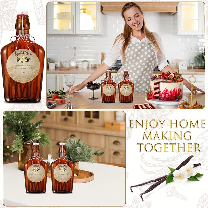 Uiifan 2 Pack 12 oz Vanilla Extract Bottles with Swing Top Flask Whiskey Pocket Amber Glass Flask for Homemade Vanilla Extract Lemon Kombucha Water Apply Christmas Wedding Gift (Amber)