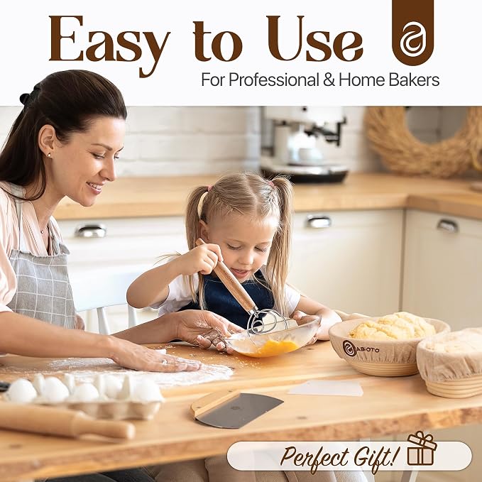 ABIOTO Sourdough Bread Baking Kit - 14-Piece Set with 9" Round & 10" Oval Rattan Banneton Proofing Baskets, Liners, Bread Lame, Danish Whisk & Scrapers for Home Bakers