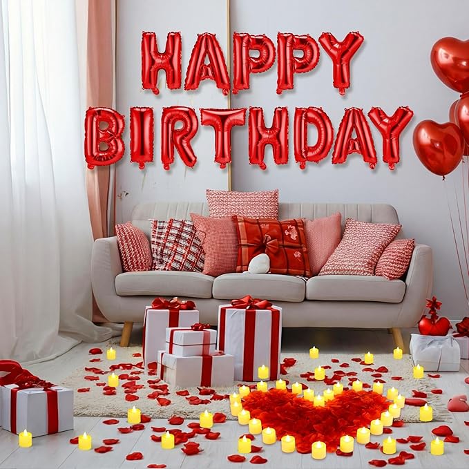 Red Happy Birthday Balloons Decorations Happy Birthday Letter Balloons Banner Set with 24pcs Round Flameless LED Candles and 2000pcs Artificial Rose Petals for Women Men Room Party Decor