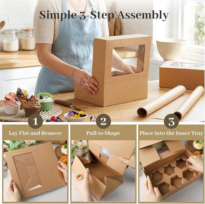 HANSGO 6 PCS Cupcake Boxes, 9.5x6.3x3.5 Inch Cupcake Containers Brown Pastry Boxes with Inserts 6 Holders for Muffins Pastry Strawberry, Party Supplies