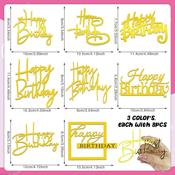 24 PCS Happy Birthday Cake Toppers Mirror Acrylic Side Cake Decorations 8 Styles 3 Colors