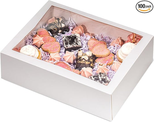 Fit Meal Prep 100 Pack 14 x 10 x 4 Inches White Bakery Boxes with Window, Auto-Popup Cardboard Gift Packaging and Baking Containers, Cupcake, Cookie and Loaf Bread Boxes