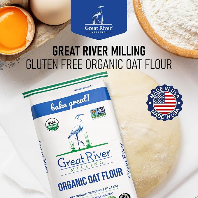 Great River Milling Organic Oat Flour | Gluten Free Whole Grain Flour | Non-GMO, Kosher, Vegan Certified | Naturally Sweet Flavor for Pancakes, Muffins, Cookies & Baking Blends | 25 Lb