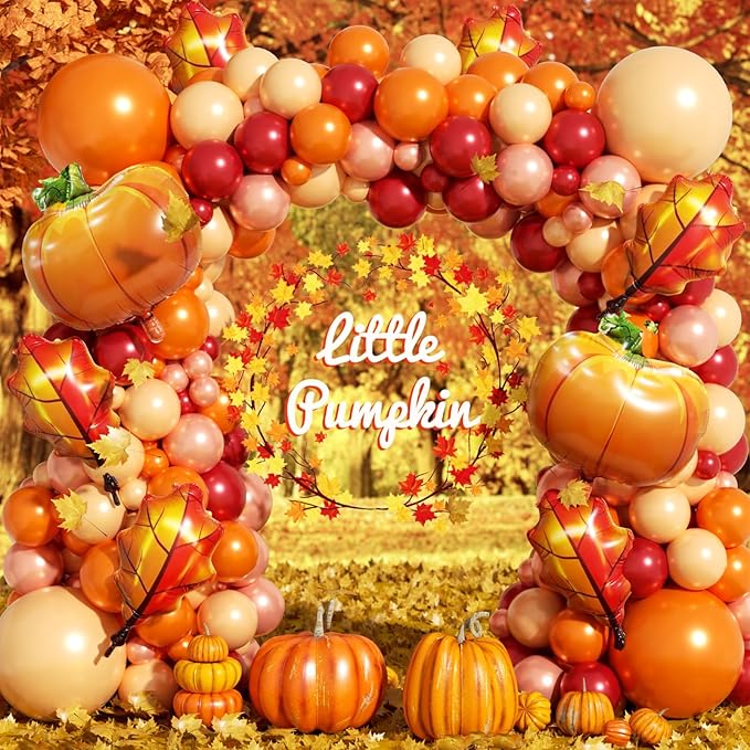 Fall Balloon Arch Garland Kit 172pcs with Leafs Pumpkins, Thanksgiving Balloons Arch Orange Nude Burgundy Rose Gold Balloons Different Sizes for Little Pumpkin Birthday Baby Shower Decoration