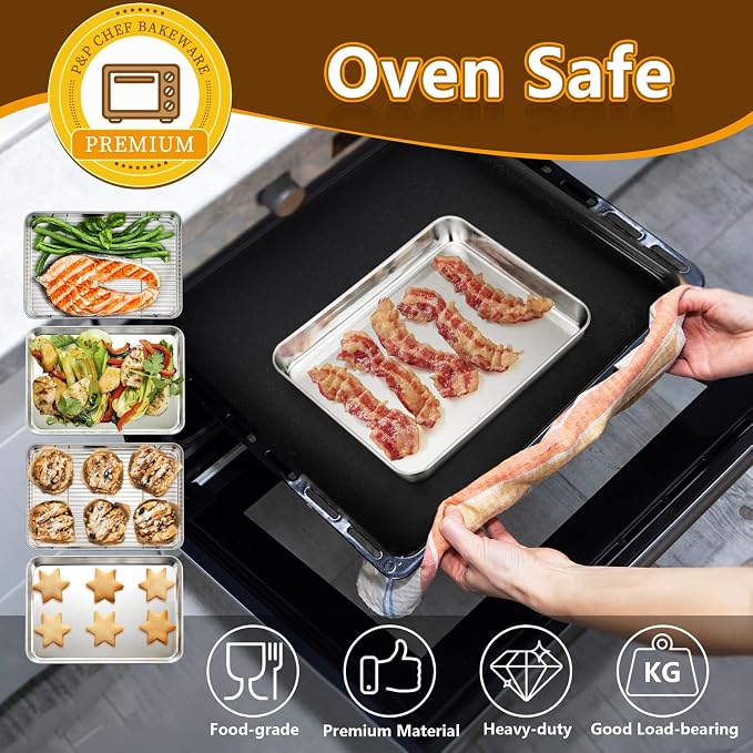P&P CHEF 10.4 + 9 Inch Toaster Oven Pans with Racks, 4 Pieces Stainless Steel Oven Tray Baking Pan Sheet and Cooling Rack for Oven Cooking Roasting, Non Toxic & Dishwasher Safe