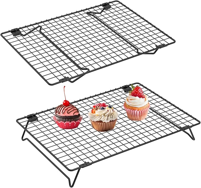 2 Pack Cooling Racks for Cooking and Baking, 13.4 x 9.4 Inch 2-Tier Stackable Cookie Cooling Rack Tall Baking Racks, Carbon Steel Roasting Wire Rack for Baking, Grilling Making Jerky (Black)