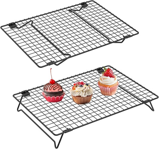 2 Pack Cooling Racks for Cooking and Baking, 13.4 x 9.4 Inch 2-Tier Stackable Cookie Cooling Rack Tall Baking Racks, Carbon Steel Roasting Wire Rack for Baking, Grilling Making Jerky (Black)