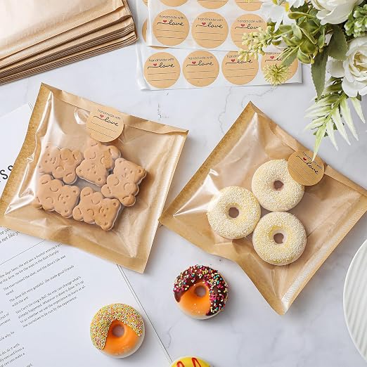 Outus 100 Pcs Cookie Packaging Bags with Seal, 6 x 6 Inch Bakery Pastry Bags with Window, Heat Sealable Grease Resistant Paper to Go Bake Sleeves for Gift Giving Donut Bread Sandwich (Brown)