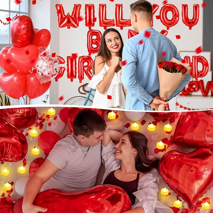 HyDren 18" Will You Be My Girlfriend Balloons Letters Kit Include Heart Shaped Balloons and LED Tealight Candles with Rose Petals Romantic Girlfriend Proposal Kit Valentines Day Decorations(Red)