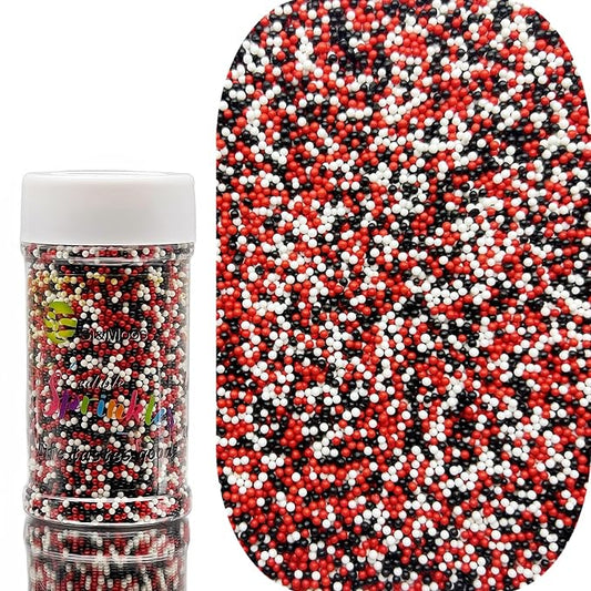 SE Si&Moos Nonpareil Sprinkles, 2mm Red White and Black Mini Edible Pearls Red and Black Sprinkles for Cake Decorating Halloween Cake Decorations Wedding Baby Shower Party Christmas Holiday Supplies 3.5 OZ