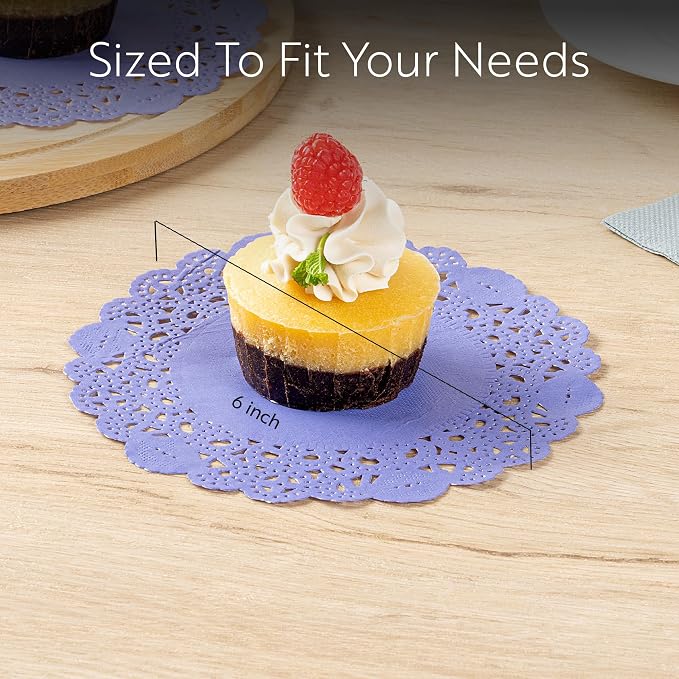 Pastry Tek 6 x 6 Inch Paper Lace Doilies, 100 Disposable Table Doilies - Elegant Lace Finish, Long Lasting, Purple Paper Doily, for Pastries, Cupcakes, Desserts - Restaurantware