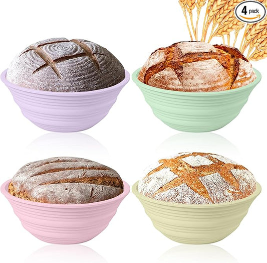 4Pcs Silicone Banneton Bread Proofing Baskets, 9" Collapsible Sourdough Bread Baking Supplies Non-Stick Round Dough Proofing Bowl Containers Oven Safe for Various Tastes Bread Making-BPA Free