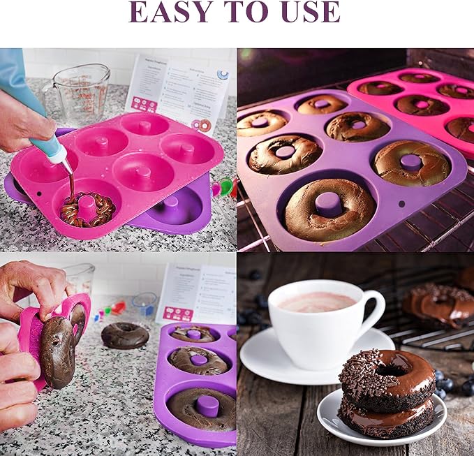 2-Pack Donut Pan Set, Messar Silicone Doughnuts Tin Baking Tray Maker Pan, Non-Stick Cake Mold, Easy to Bake Full Size Perfect Shaped Donuts to Sweeten Your "Hole" Day (Light purple & Rose red)