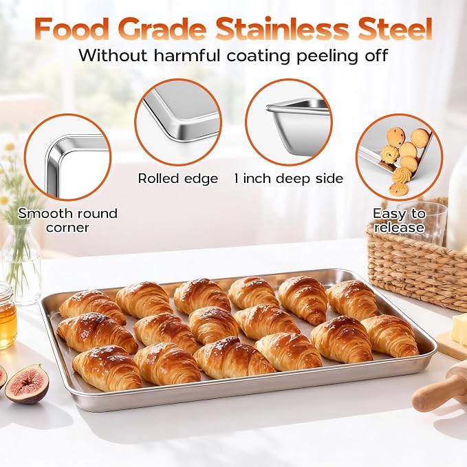 Onader Large Baking Sheet Set of 12, 18 x 13 Inch Stainless Steel Half Sheet Baking Pans for Oven, Commercial Metal Cookie Pan Tray for Roasting Cooking, Mirror Finish & Dishwasher Safe