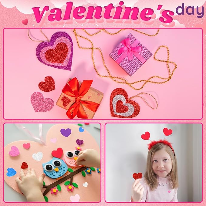 600Pcs Foam Heart Stickers Valentine's Day Glitter Love Sticker | 3 Sizes, Self-Adhesive Heart Decal, Handmade Card DIY Crafts, Love-Themed Projects, Party Favors Decorations, Valentines Gift