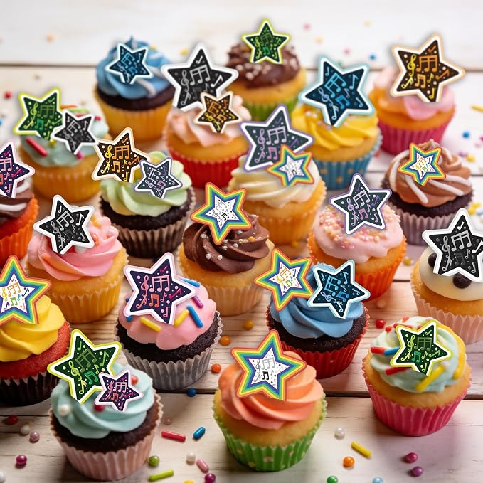 48PCS Edible Musical Notes Star Cupcake Toppers Wafer Paper Music Symbol Cake Picks Music Concert Cake Topper Edible Musical Cupcake Picks for Concert Theme Party Decor
