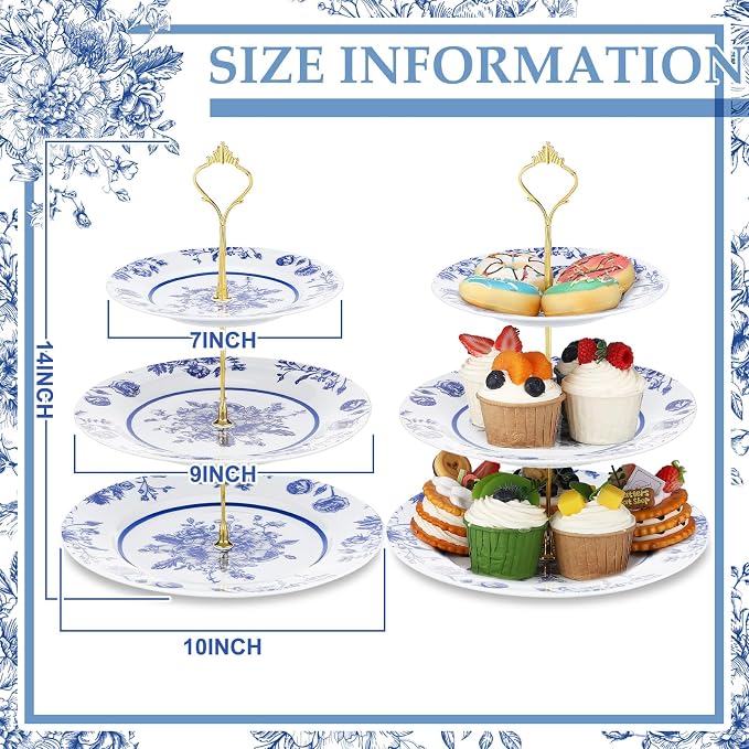Lallisa Blue Floral 3 Tier Dessert Stand 10", 9" and 7" Ceramic Vintage Chinoiserie Tea Party Tiered Tray Cake Stand Display Holder Tower for Something Blue Before I Do Bridal Shower Decorations
