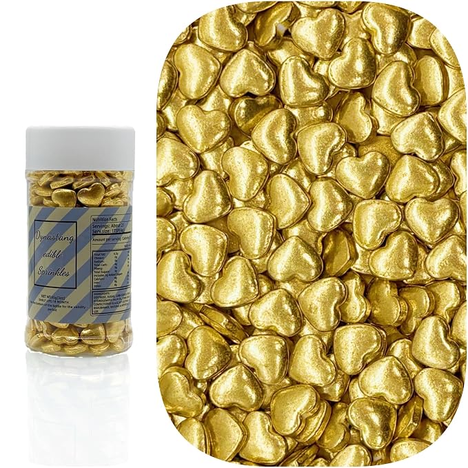 Dynastang Super Gold Heart Sprinkles Edible Heart Cake Decorating Heart Cake Decorations Cupcake Toppers Cookie Decorating Perfect for Cakes, Cupcakes, Desserts Toppings 3OZ