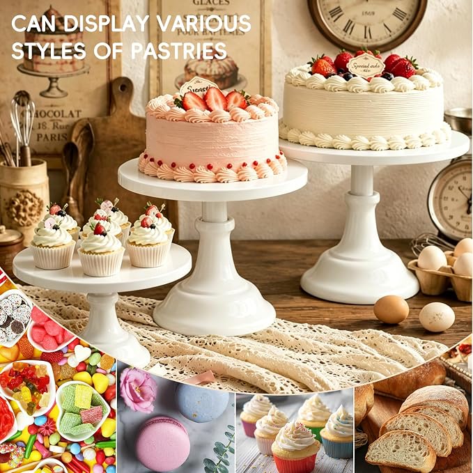 Three-piece Cake Stand Set, Metal Round Trays, 8-inch, 10-inch, and 12-inch, for Dessert Table displays; Perfect for Christmas, Thanksgiving, Birthdays, Weddings, and Other Celebrations(White)