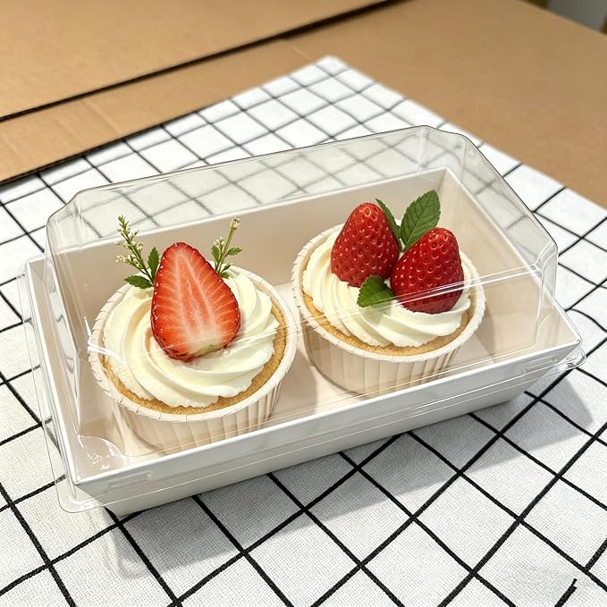 100 Pack Charcuterie Boxes with Clear Lids, White Mini Dessert Bakery Boxes, Empty To Go Food Containers with Stickers for 2 Cupcakes, Muffins, Cake Slice Sushi Strawberry, 5.5 x 2.7 Inches