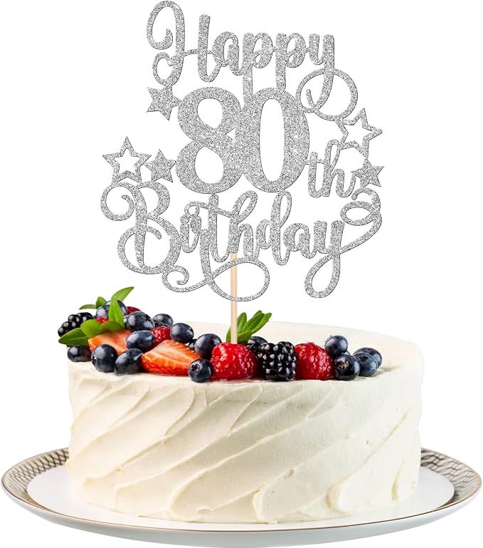 1 PCS Happy 80th Birthday Cake Topper Glitter Cheers to 80 Years Birthday Cake Pick Hello 80 Fabulous Cake Decoration for Happy 80th Birthday Anniversary Party Decorations Supplies Silver