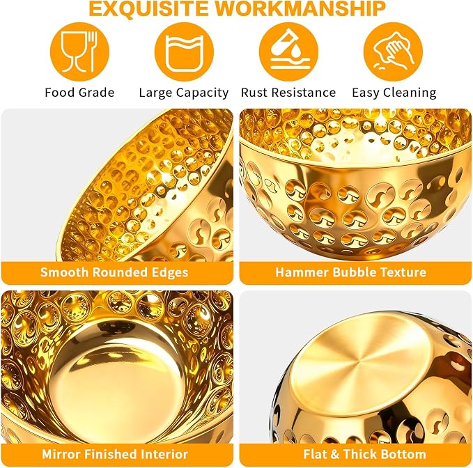 6-Piece Gold Serving Bowls (1.6-4.9 QT), Gold Bowl Set with Hammered Design, Nesting Stainless Steel Mixing Bowls for Movie Night, Party and Home Decor