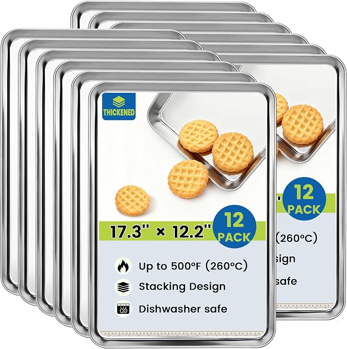 BIEAMA 12 Pack Stainless Steel Toaster Oven Baking Sheets, 17.3 x 12.2 in | Stainless steel pans with no chemical coating, mirror-polished finish and rolled edges; dishwasher safe, oven safe to 500°F.