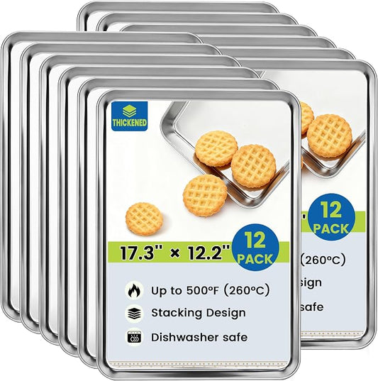 BIEAMA 12 Pack Stainless Steel Toaster Oven Baking Sheets, 17.3 x 12.2 in | Stainless steel pans with no chemical coating, mirror-polished finish and rolled edges; dishwasher safe, oven safe to 500°F.