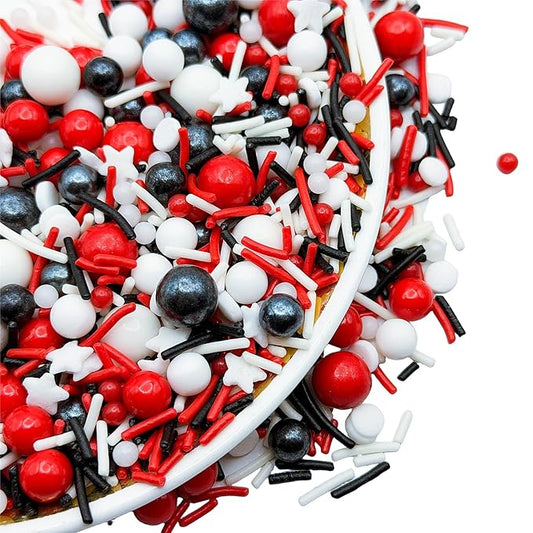 SE Si&Moos Red White and Black Sprinkles 3 OZ Black White and Red Edible Pearls for Cake Decorating Edible Pearls and Sequins Sprinkles Mix for Baby Shower Halloween Christmas Cookie Decorations