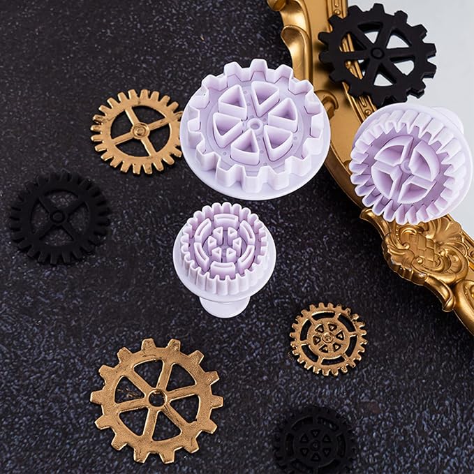 3Pcs Gear Cookie Cutters, Steampunk Cogs Plunger Mold, 3D Gear Cookie Stamp Mold, Clock Wheel Biscuits Fondant Molds for Cake Cookie food Decoration