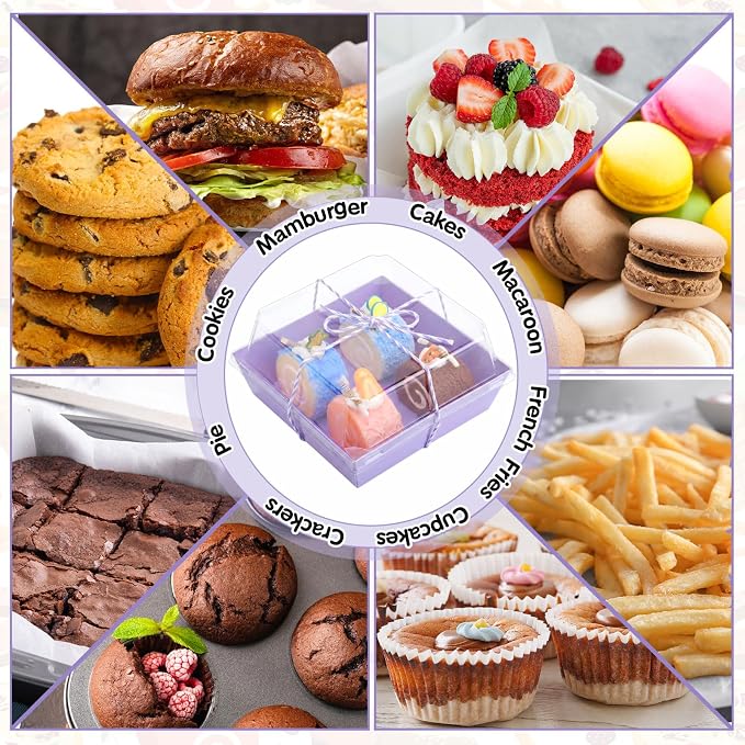 Jetec 50 Pack Charcuterie Boxes with Clear Lids and Rope 4 Inches Cake Disposable Square Dessert Food Box Containers with Lids for Bakery Macaron Cookies Strawberries Fruits Display (Light Purple)