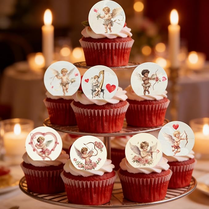 36PCS Edible Valentine Cupid Cupcake Toppers Wafer Paper Love Cupid Cupcake Picks Be My Valentine Cake Decor for Valentine's Day Theme Engagement Party Decor Supplies