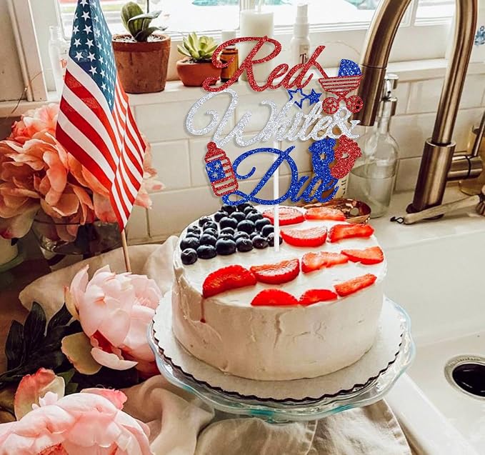 Red White & Due Cake Topper, 4th of July Baby Shower Cake Decor, A Little Firecracker is on the Way, American Independence Day Patriotic Gender Reveal Decorations Supplies for Boys Girls