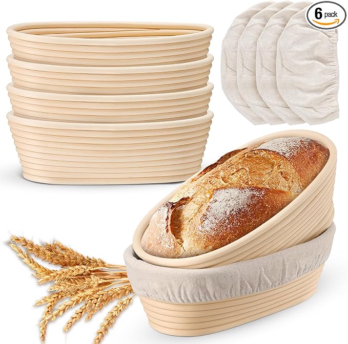 P&P CHEF Sourdough Bread Proofing Basket Set of 6, 10 Inch Oval Dough Proofing Bowls, Sourdough Bread Baking Supplies for Bakers, Handmade Rattan Baskets with Cloth Liner