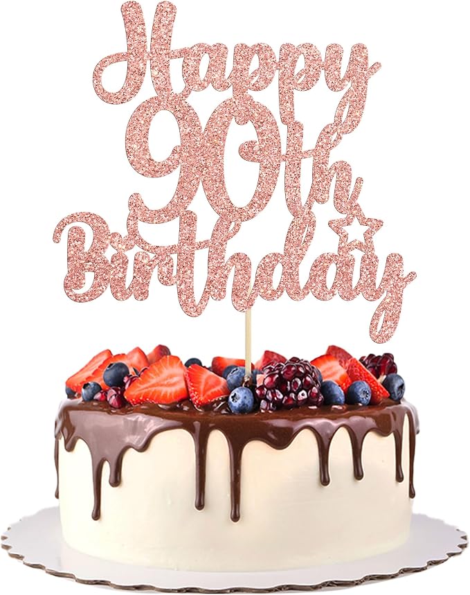 Gyufise 1Pc Happy 90th Birthday Cake Topper Glitter 90 & Fabulous Cheers to 90 Years Old Birthday Cake Pick for Celebrating 90th Birthday Anniversary Party Cake Decorations Supplies Rose Gold