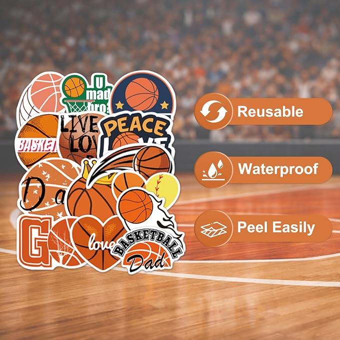 50 Pcs Basketball Stickers for Scrapbooking, Waterproof Vinyl Sports Stickers for Laptops Water Bottles Journals, Cool Basketball Quotes Hoop Decals for Boys Kids