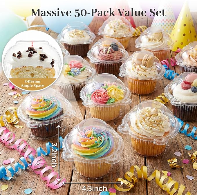VGOODALL 50Pack Individual Cupcake Containers with Lid, 4.3 x 3.2 Inches Plastic Clear Cupcake Holder for Wedding Baby Shower Birthday Party Supply