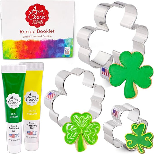 Shamrock Cookie Cutters and Decorating 5-Pc. Set Made in USA by Ann Clark, 2.5", 3.25", 3.75", Yellow & Leaf Green Food Coloring Gel