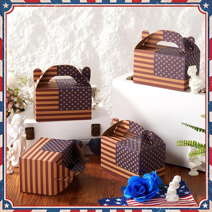 Colarr 24 Pcs 4th of July Treat Boxes Patriotic American Flag Prints Goodie Boxes with Handles 250th Anniversary Kraft Paper Cookie Box Candy Party Favor Box for Independence Day Celebration