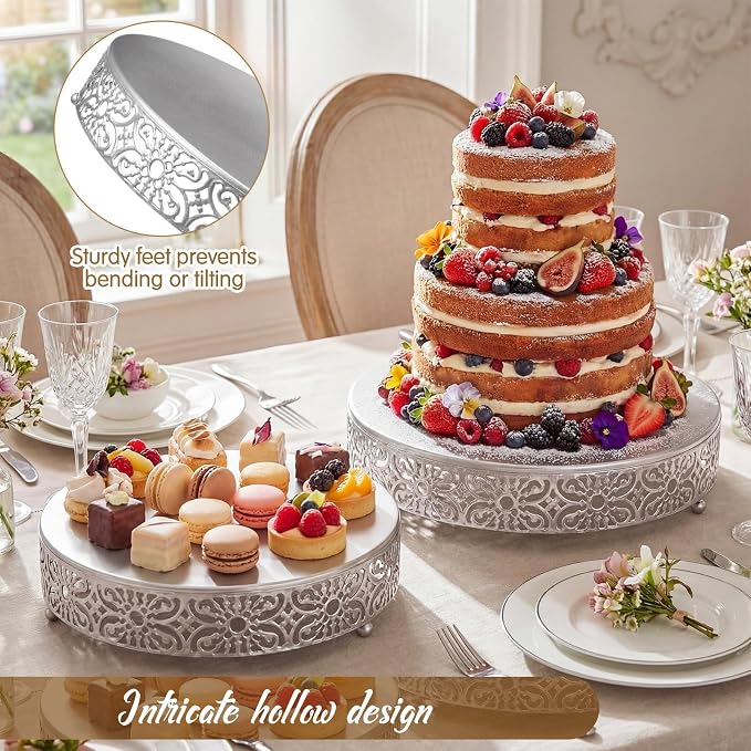 Wenqik 2 Pcs Silver Metal Cake Stand, 14" 16" Large Round Cupcake Stand Dessert Table Display Set Cake Holder for Wedding Birthday Party Bridal Shower Anniversary Table Decoration