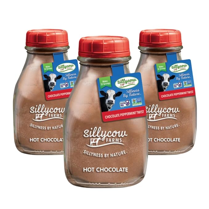 Sillycow Farms Peppermint Twist Hot Chocolate Mix | Gluten-Free, Non-GMO, Dairy-Free | Dutch Processed Cocoa Powder & Natural Cane Sugar | Holiday Flavor in Reusable Glass Bottle | 16.9 oz, Pack of 3