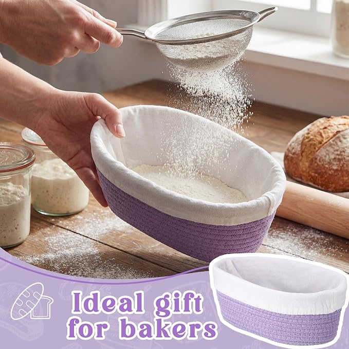 2 Pcs Cotton Rope Banneton Bread Proofing Basket Set 9 Inch Round and 10 Inch Oval Banneton Basket Sourdough Bread with Liners Covers for Baking Supplies(Purple)