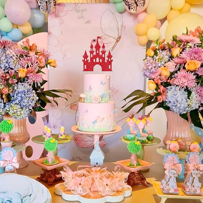 1 PCS Princess Castle Cake Topper Glitter Princess Cake Topper Queen Castle Theme Birthday Party Cake Decoration for Girls Princess Baby Shower Happy Birthday Party Decorations Supplies Red