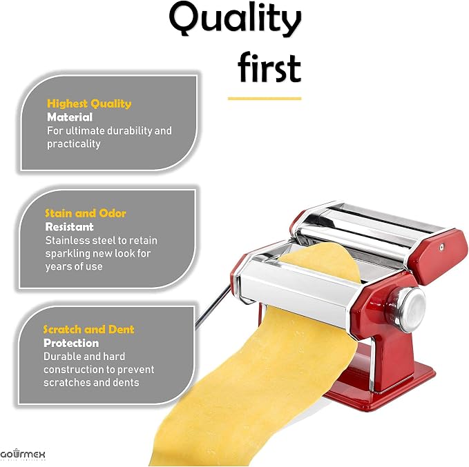 Stainless Steel Manual Pasta Maker Machine | With Adjustable Thickness Settings | Perfect for Professional Homemade Spaghetti and Fettuccini | Includes Removable Handle and Clamp (Red)