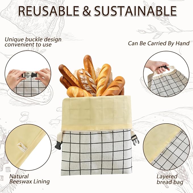 LURKA Beeswax Bread Bags, Reusable Cotton Linen Storage Bags for Sourdough, Extra Large, 2 Pack (White Plaid)