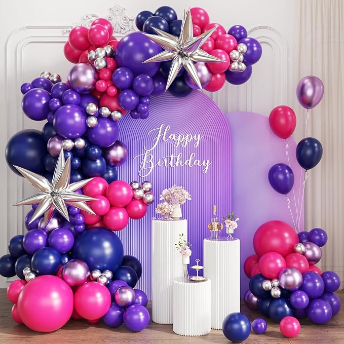 Purple Blue Red Balloon Garland Arch Kit, 167Pcs Hot Pink Midnight Blue Metallic Purple Silver and Star Foil Balloons for Princess Girl Women Birthday Bridal Baby Shower Party Decoration